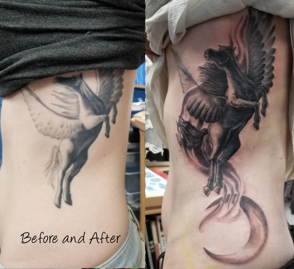 Redone tattoo fixing the black and grey shading in this side piece of a flying pegasus.