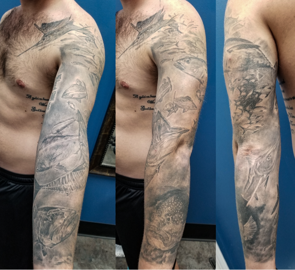 Fully healed at 3 years, a full arm of sport fish breeds. Grouper, dolphin, marlin, tuna, barracuda.