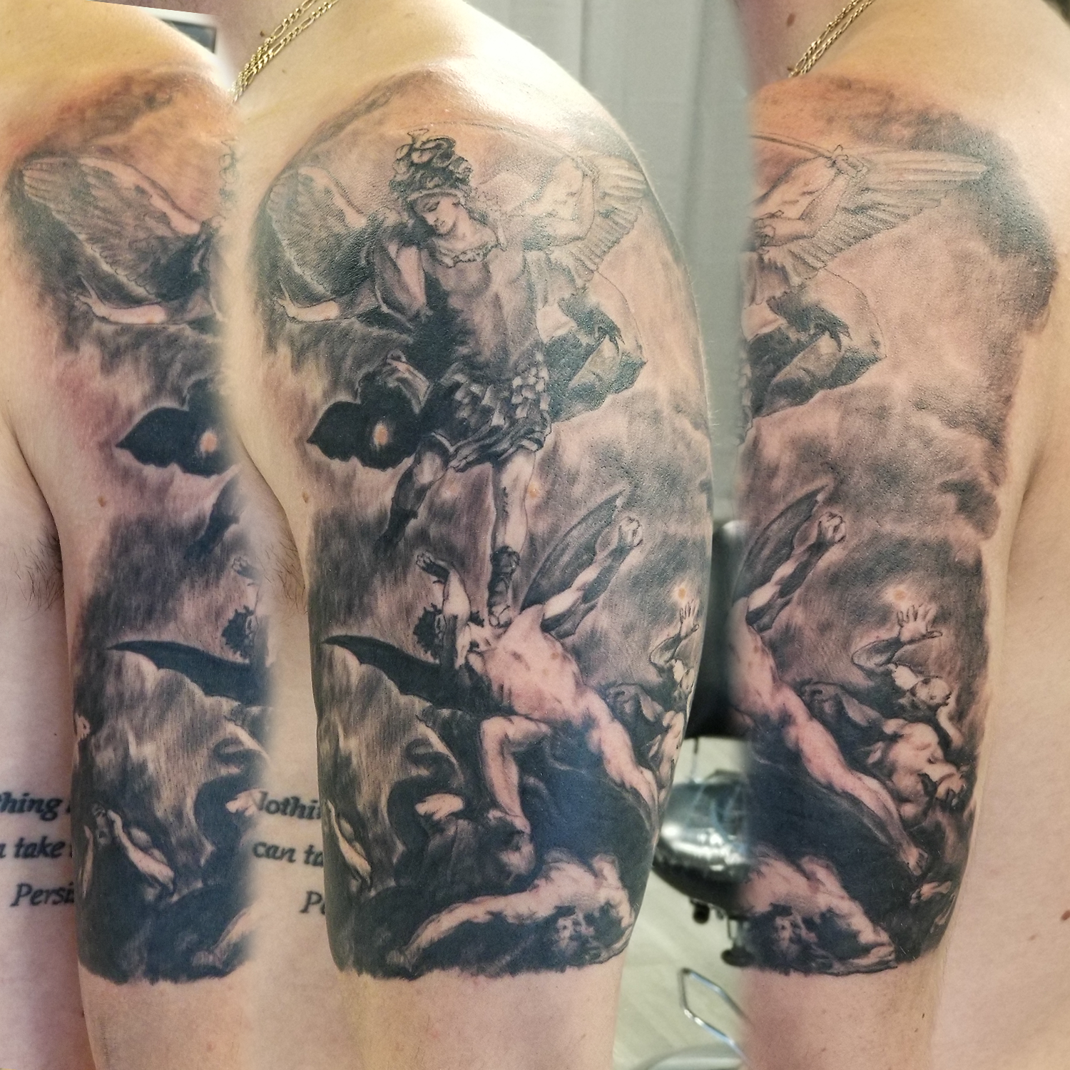 St Michael realistic tattoo based on painting by  Luca Giordano