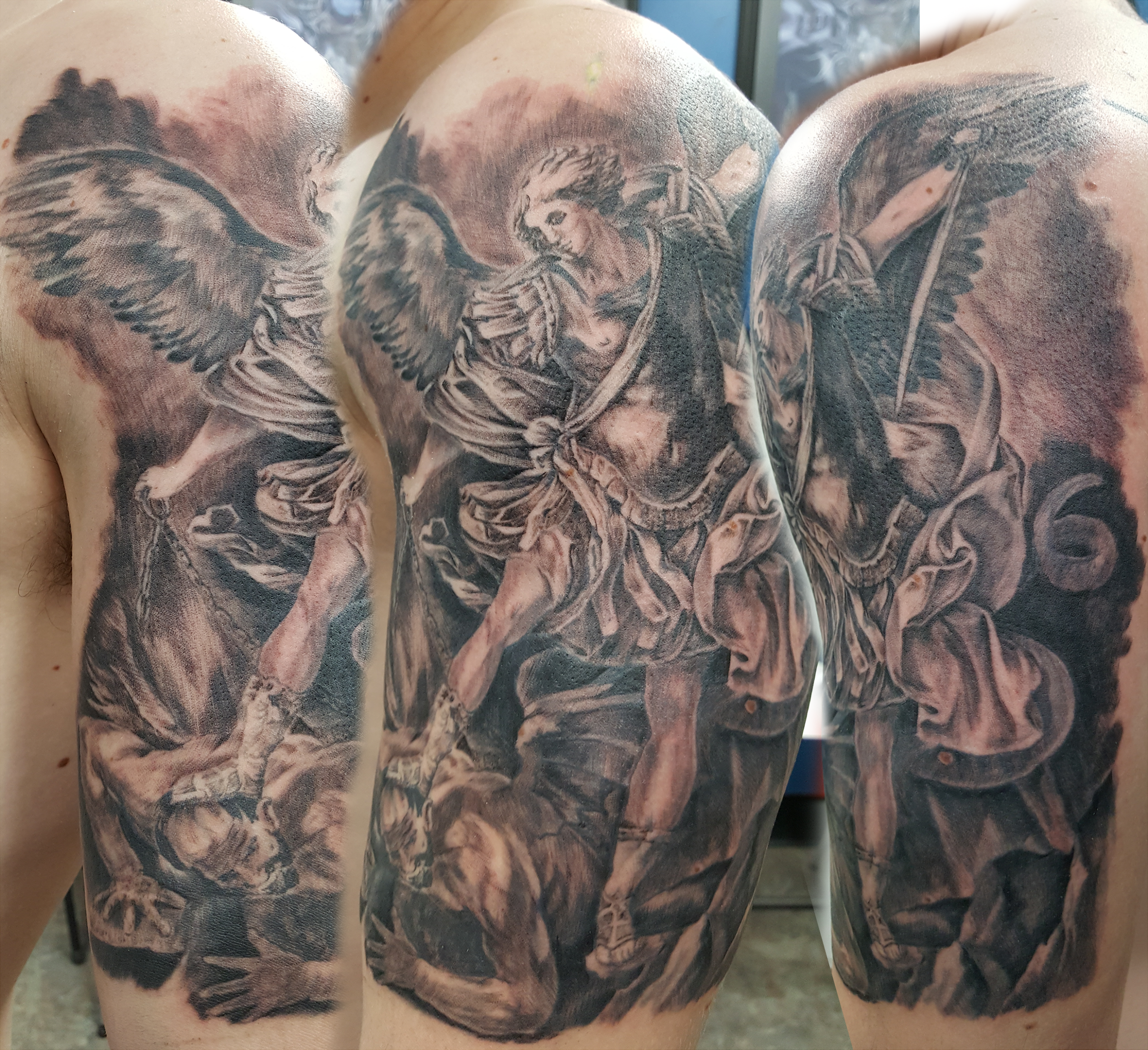 St Micahel tattoo adapted from Guido Reni painting. Realistic black and grey tattooing.
